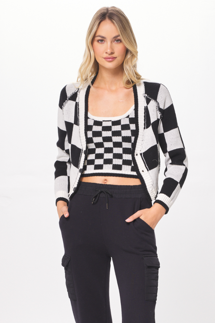 Black &amp; Cream Knit Checkered Tank