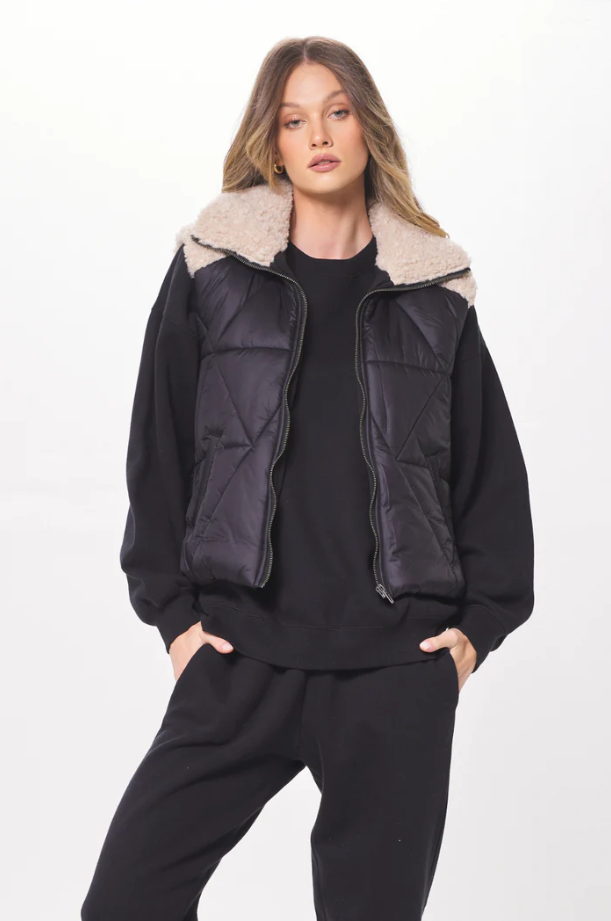 Black &amp; Cream Mixed Media Puffer Vest