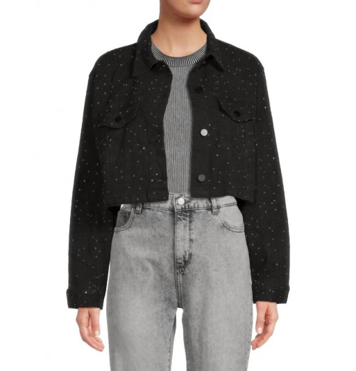 Black Rhinestone Denim Crop Jacket