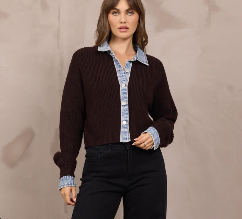 ButtonCardigan w/ Denim Collar/Cuff