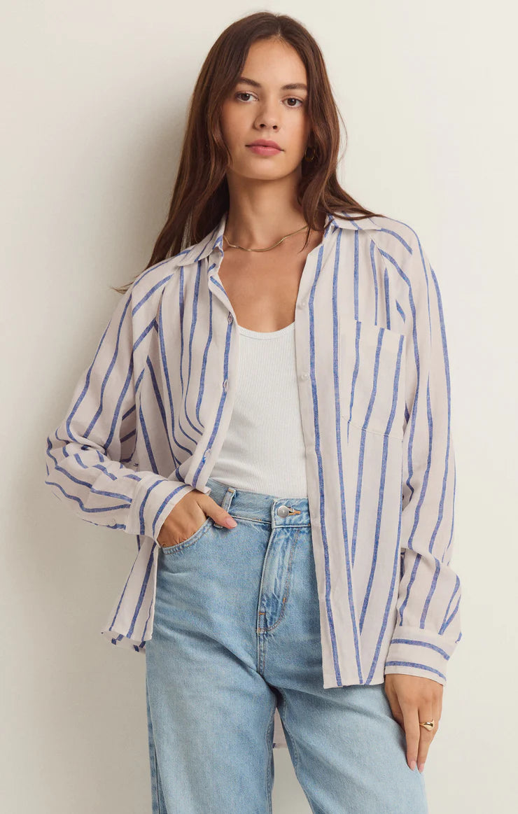The Perfect Striped Linen Top - Blue