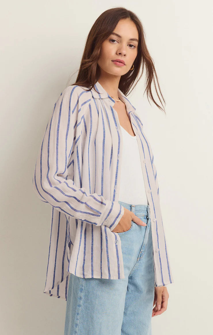 The Perfect Striped Linen Top - Blue