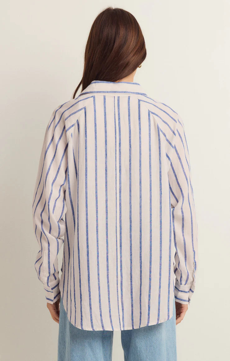 The Perfect Striped Linen Top - Blue