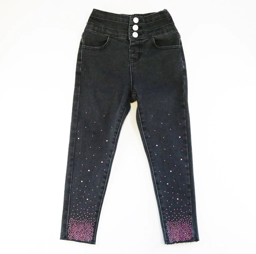 Black Elastic Jeans w/ Pink Rhinestons