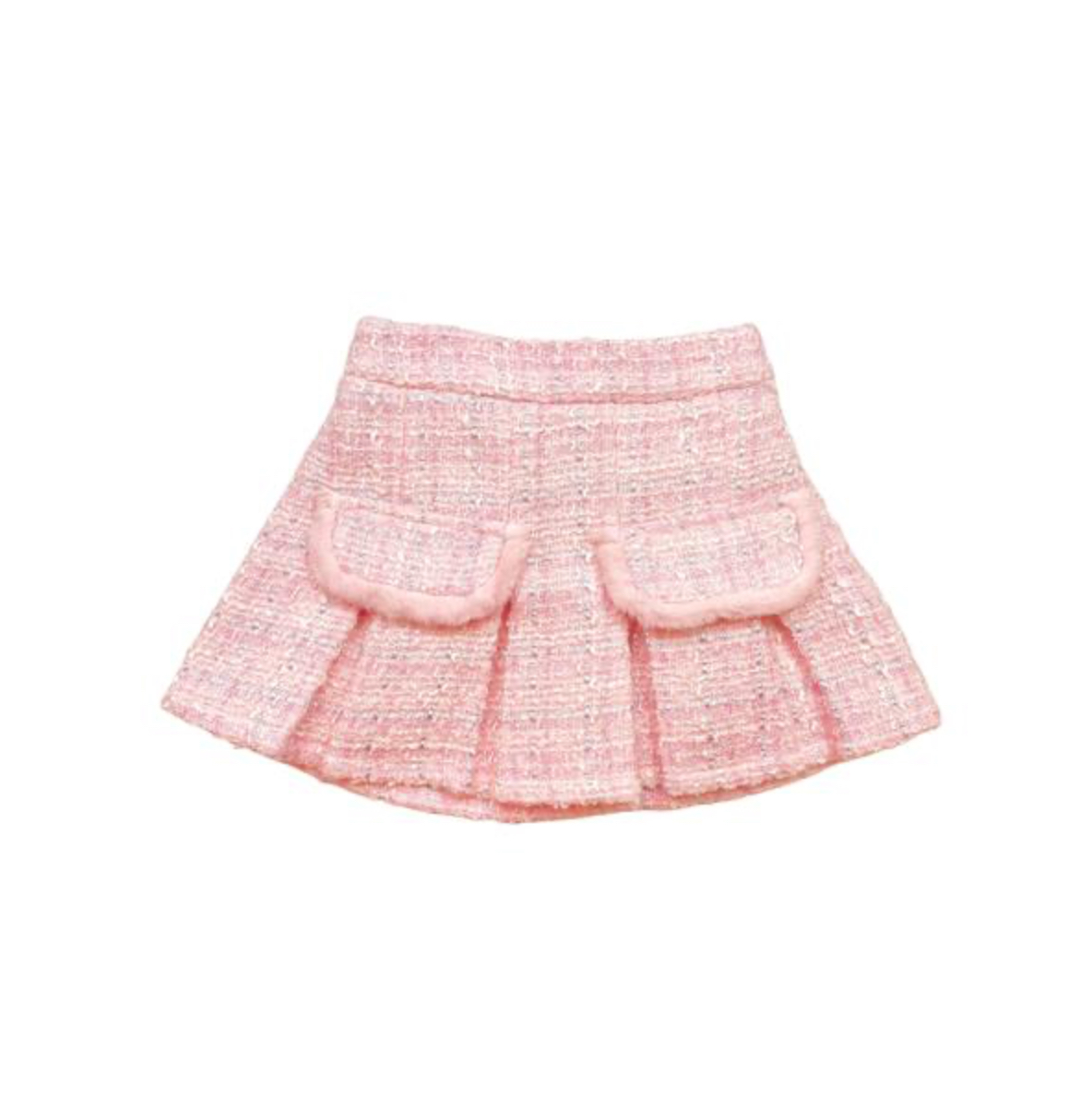 Fur Trim Pleated Tweed Skirt