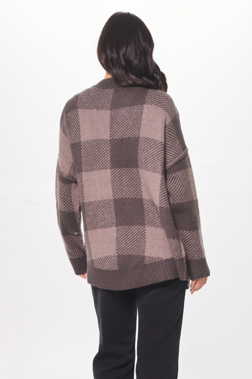 Taupe Plaid Checker Soft Knit Cardigan