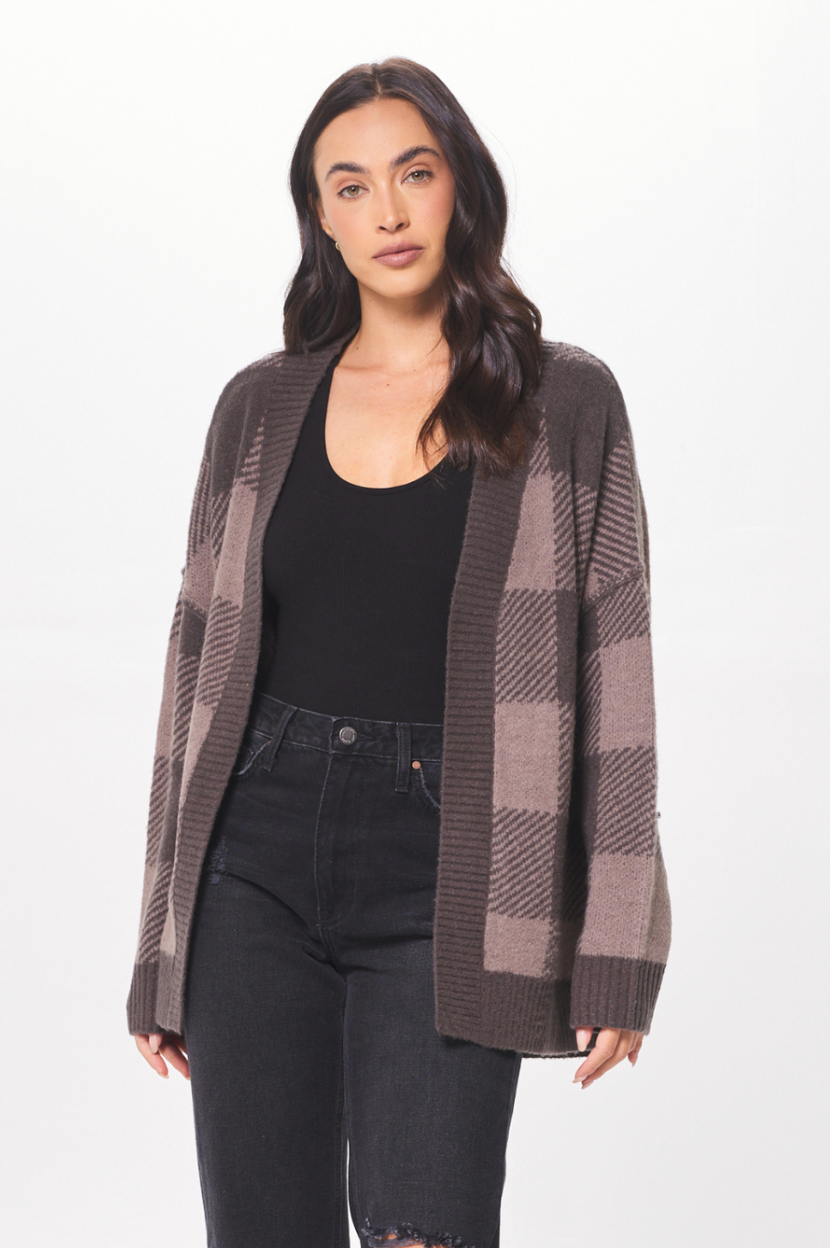 Taupe Plaid Checker Soft Knit Cardigan