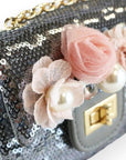 Floral Appliques Sequin Purse - Pewter