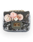 Floral Appliques Sequin Purse - Pewter