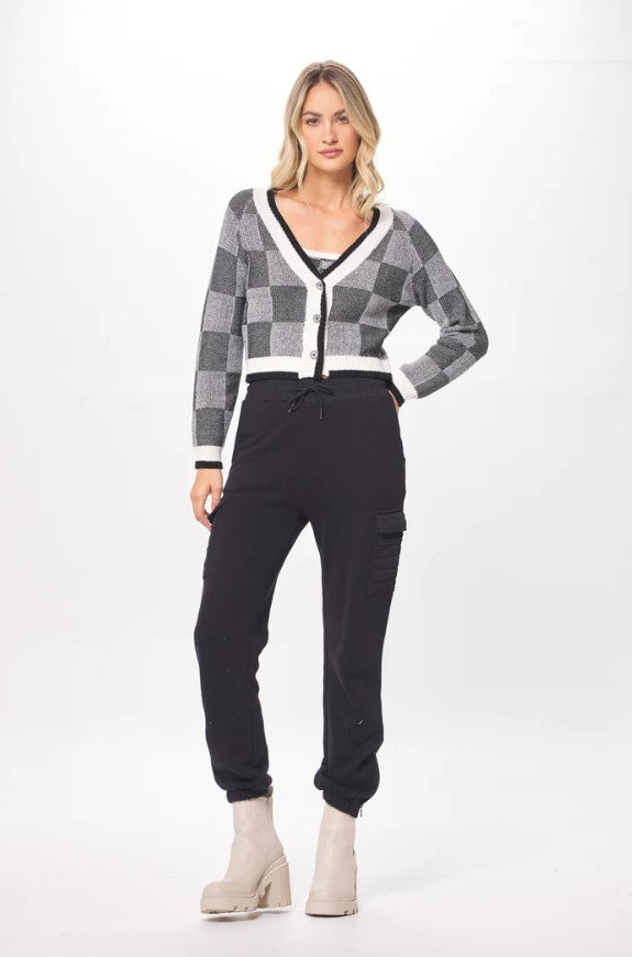 Black & Cream Knit Checkered Cardigan
