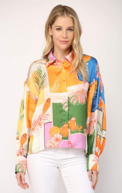 Tropical Print Button Front Blouse