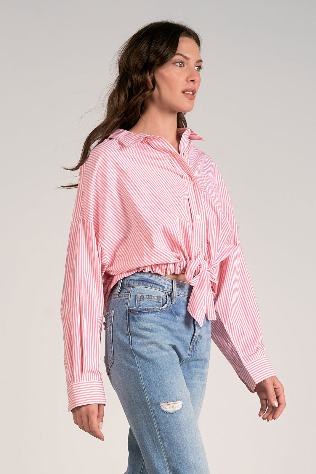 Pink Striped Tie Front Button Up