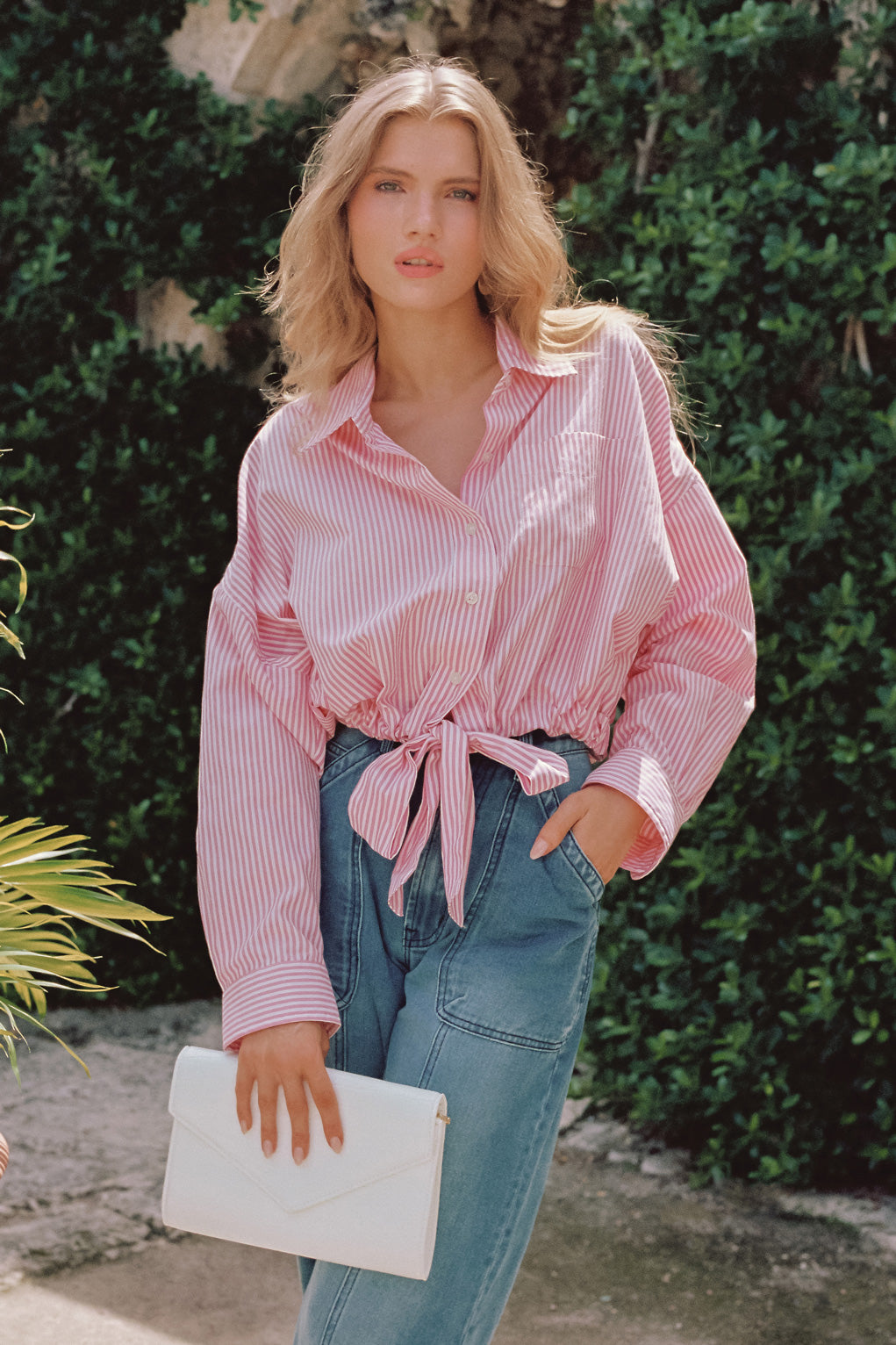 Pink Striped Tie Front Button Up